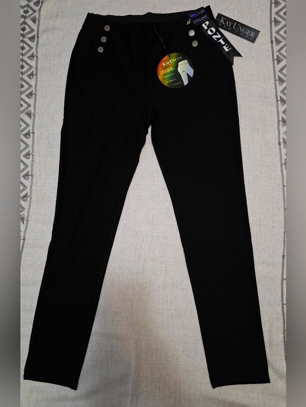 NWT Kay Unger Black Ponte Tummy Control Button Accent Pants Large